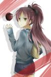  apple bag casual error food from_behind fruit highres long_hair looking_back mahou_shoujo_madoka_magica mizushiro_nakura pink_hair ponytail sakura_kyouko shadow shopping_bag shorts solo wrong_hand yellow_eyes 