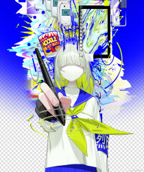  1girl absurdres blue_sailor_collar cellphone colored_inner_hair commentary commission cursor english_commentary flip_phone hair_over_eyes highres holding instant_cup_noodles instant_noodles long_hair multicolored_hair neckerchief original phone sailor_collar school_uniform serafuku signal_1120 skeb_commission solo yellow_neckerchief 