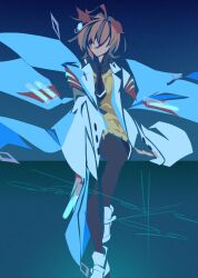  1girl agnes_tachyon_(tach-nology)_(umamusume) agnes_tachyon_(umamusume) animal_ears artist_name black_necktie black_pantyhose blue_background boots brown_hair commentary echoo hair_ornament highres holding holding_test_tube horse_ears horse_girl impressionism lab_coat necktie pantyhose short_hair simple_background skirt solo sweater test_tube umamusume untranslatable_commentary yellow_sweater 