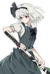  1girl :/ black_bow black_bowtie black_hairband bow bowtie closed_mouth collared_shirt commentary ebuna green_skirt green_vest grey_hair hairband highres holding holding_sword holding_weapon katana konpaku_youmu medium_hair puffy_short_sleeves puffy_sleeves red_eyes sheath shirt short_sleeves simple_background skirt skirt_set solo sword touhou unsheathing vest weapon white_background white_shirt 