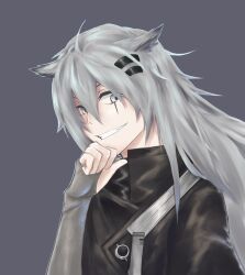  1girl animal_ears arknights black_jacket commentary_request daydreamer_27 fingerless_gloves gloves grey_background grey_eyes grey_gloves grey_hair grin hair_between_eyes hair_ornament hairclip hand_on_own_chin hand_up high_collar jacket lappland_(arknights) long_hair looking_at_viewer scar scar_across_eye scar_on_face simple_background smile solo teeth upper_body wolf_ears wolf_girl 