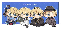  4boys :3 black_gloves black_hakama black_kimono black_pants black_shirt black_shoes blonde_hair blue_background blue_eyes blue_flower blue_necktie blush_stickers braid braided_bangs brown_shoes buttons chibi chibi_only coat collared_shirt commentary_request diamond_button double-breasted english_text fedora flower gloves gori3po grey_hat grey_jacket grey_pants grey_shirt grey_suit hakama hand_on_own_knee hat hat_flower hat_ribbon highres holding holding_stuffed_toy holostars indian_style jacket japanese_clothes kimono kishido_temma kishido_temma_(1st_costume) kishido_temma_(3rd_costume) kishido_temma_(4th_costume) kishido_temma_(fall/winter) knee_up male_focus mini_hat mini_top_hat multiple_boys multiple_persona necktie official_alternate_costume one_eye_closed outline outside_border pants polka_dot polka_dot_background ribbon shirt shoes sitting sleeve_cuffs striped_clothes striped_necktie stuffed_jellyfish stuffed_toy suit top_hat white_coat white_outline white_pants white_suit 