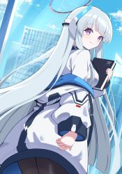 1girl absurdres black_pantyhose blue_archive blue_sky book building closed_mouth clouds commentary_request day grey_halo halo highres holding holding_book jacket looking_at_viewer mechanical_halo noa_(blue_archive) pantyhose raimu_(clanberry000) shirt sky smile solo violet_eyes white_jacket white_shirt 