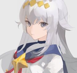  1girl blue_eyes chest_bow double-parted_bangs expressionless hair_ornament highres long_hair looking_at_viewer loose_hair_strand oguri_cap_(umamusume) sailor_collar shirt sidelighting sidelocks solo tea_(teahrii) umamusume unfinished upper_body very_long_hair white_hair white_shirt 