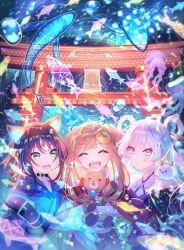  3girls animal_ears animal_on_shoulder bare_shoulders black_choker black_hair blonde_hair cho_kaguya-hime! choker closed_eyes collarbone commentary crescent crescent_hair_ornament facing_viewer fang fish forehead_jewel fox_ears fushi_(cho_kaguya-hime!) hair_ornament hair_rings hair_stick halterneck highres inudoge kaguya_(cho_kaguya-hime!) koa_soragasuki long_sleeves looking_at_viewer lop_rabbit_ears multicolored_hair multiple_girls open_mouth pink_hair rabbit_ears runami_yachiyo sakayori_iroha short_hair smile torii twintails two-tone_hair upper_body water_drop white_hair wide_sleeves 