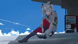  1girl adjusting_clothes adjusting_shoe blue_sky clouds cloudy_sky coat commentary_request double_bun eyepatch grey_hair hair_bun hair_ornament hairclip hatesarororo heaven_burns_red highres looking_at_viewer on_ground red_eyes shade shirt shoes sitting sitting_on_stairs sky stairs test_tube vending_machine white_shirt yamawaki_bon_ivar 