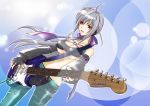  blue bow grey_hair guitar headphones instrument long_hair pink_eyes under_boob vocaloid yowane_haku 