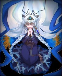  1girl absurdly_long_hair animal_ear_fluff animal_ears arknights basashisenjumin blue_dress blue_eyes braid braided_sidelocks commentary_request dress highres long_hair long_sleeves looking_at_viewer official_alternate_costume own_hands_clasped own_hands_together pramanix_(arknights) pramanix_the_prerita_(arknights) praying seiza shaded_face sidelocks sitting snow_leopard_ears snow_leopard_girl solo tiara very_long_hair white_hair 