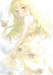  1girl blush closed_mouth dress feet_out_of_frame flower from_behind green_dress green_hair grey_flower long_hair looking_at_viewer looking_back original parted_bangs pink_eyes sidelighting sleeveless sleeveless_dress solo standing turning_head unya_(unya-unya) 