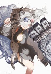  1girl animal_ears arknights bare_legs china_dress chinese_clothes clenched_hand commentary_request dress eyewear_on_head feater_(arknights) heterochromatic_eyewear highres jacket long_hair mechanical_arms mechanical_hands one_eye_covered pppmepl red_eyes simple_background solo standing thigh_sheath tinted_eyewear twintails white_background white_hair 
