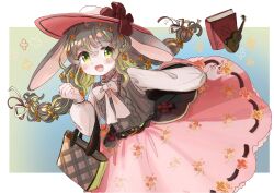  1girl absurdres animal_ears bag blush book border bow bowtie charlotte_verlet commentary_request cowboy_shot floppy_ears frilled_skirt frills green_eyes grey_hair grey_sweater handbag hat hat_bow highres indie_virtual_youtuber instrument long_hair long_sleeves minus_(sr_mineka) pink_hat pink_skirt rabbit_ears red_bow shirt skirt solo sweater sweater_vest twintails violin white_border white_shirt 