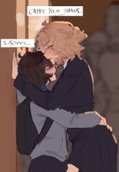  2girls anger_vein backpack bag black_jacket black_skirt blonde_hair blue_streaks blurry blurry_background brown_hair commentary english_commentary english_text green_eyes grey_hoodie hair_ornament hairclip hand_on_another's_waist highres hood hoodie jacket multicolored_hair multiple_girls original pleated_skirt pockiseisont school_uniform skirt speech_bubble streaked_hair yuri 