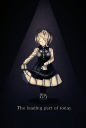  1girl black_background black_dress black_gloves black_pantyhose black_shoes blonde_hair breasts buttons closed_eyes closed_mouth collared_shirt danganronpa_(series) danganronpa_v3:_killing_harmony deformed dress english_text eyelashes footwear_ribbon frilled_dress frilled_sleeves frills full_body gloves hair_over_one_eye happy holding_own_dress large_breasts light_particles long_dress long_sleeves maid_headdress necktie o-ring pantyhose pinafore_dress pleated_dress print_dress purple_necktie ribbon shadow shirt shiruko_(mikan4649) shoes short_hair sleeveless sleeveless_dress sleeves_past_wrists smile solo spider_web_print spotlight standing straight-on tojo_kirumi white_ribbon white_shirt 