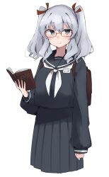  1girl absurdres alternate_costume artist_logo backpack bag bespectacled black_sailor_collar black_serafuku black_shirt black_skirt blue_eyes book cowboy_shot cropped_legs glasses grey_hair highres kantai_collection kashima_(kancolle) logo ma_rukan name_tag neckerchief pleated_skirt sailor_collar school_uniform serafuku shirt sidelocks simple_background skirt solo twintails wavy_hair white_background white_neckerchief 