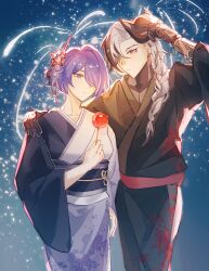  1boy 1girl absurdres acheron_(honkai:_star_rail) alternate_costume alternate_hairstyle bad_id bad_lofter_id balaluob boothill_(honkai:_star_rail) braid closed_mouth collarbone couple eye_mask fireworks food fox_mask grey_eyes grey_hair hair_ornament hair_over_shoulder hair_up hand_on_another's_shoulder head_tilt highres holding holding_food holding_mask honkai:_star_rail honkai_(series) japanese_clothes kimono long_hair long_sleeves looking_at_food looking_down mask mechanical_arms multicolored_hair new_year outdoors pectoral_cleavage pectorals purple_hair single_braid streaked_hair upper_body violet_eyes wagashi wide_sleeves 