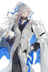  1boy absurdres black_choker black_pants black_shirt blue_ribbon choker coat dichlorvos hair_over_one_eye hair_ribbon high_ponytail highres honkai:_star_rail honkai_(series) jacket jacket_on_shoulders jing_yuan jing_yuan_(chapanda) long_hair long_sleeves male_focus mole mole_under_eye official_alternate_costume pants ponytail ribbon shirt simple_background solo tassel vest white_background white_hair white_jacket white_vest yellow_eyes 