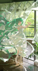  1girl absurdres bare_shoulders barefoot blurry breasts chinese_commentary choker closed_mouth commentary_request curtains day depth_of_field dress floating_clothes floating_hair from_behind full_body glass_door green_eyes green_hair hands_up hatsune_miku highres indoors long_hair looking_at_viewer looking_back mento open_door plant sleeveless sleeveless_dress small_breasts smile solo standing twintails very_long_hair vocaloid white_choker white_dress 