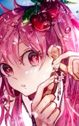  1girl cherry_hair_ornament collared_shirt commentary_request earrings fingernails flower_earrings food-themed_hair_ornament hair_between_eyes hair_ornament hatsune_miku highres jewelry long_hair looking_at_viewer open_mouth oxalicacid pink_hair portrait sakura_miku shirt solo vocaloid white_shirt 