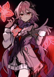  1girl absurdres black_background black_dress black_flower black_gloves closed_mouth commentary_request cowboy_shot dress evernight_(honkai:_star_rail) evey_(honkai:_star_rail) flower gloves h2o_omizu hair_between_eyes hair_flower hair_intakes hair_ornament hairclip hands_up highres honkai:_star_rail honkai_(series) light_smile long_hair long_sleeves looking_at_viewer low_twintails march_7th_(honkai:_star_rail) parallel_hairclips pink_hair red_eyes solo twintails very_long_hair 