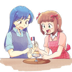  2girls :d amami_haruka apron blue_apron blue_hair blue_shirt brown_eyes brown_hair checkered_apron checkered_clothes collared_shirt food french_flag green_eyes idolmaster idolmaster_(classic) kisaragi_chihaya long_hair looking_at_food multiple_girls open_mouth pudding red_apron shirt short_hair short_sleeves simple_background smile standing sweatdrop tsubobot white_background 
