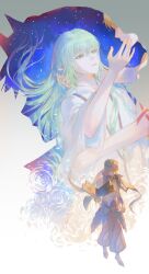  1boy 1other abs absurdres androgynous blonde_hair commentary_request dingir_(fate) double_exposure enkidu_(fate) fate/grand_order fate_(series) gilgamesh_(caster)_(fate) gilgamesh_(fate) green_eyes green_hair hand_in_another's_hair hand_on_another's_cheek hand_on_another's_face highres holding_stone_tablet level02 looking_at_another multiple_views pale_color parted_lips robe shoulder_tattoo signature stone_tablet tattoo tears white_robe 