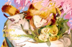  1boy animal_ear_fluff animal_ears blanc_(heartopia) blonde_hair blush brown_hair closed_mouth commentary_request flower hair_over_eyes happy_birthday heartopia highres male_focus multicolored_hair nxx17 smile solo tail tiger_boy tiger_ears tiger_tail two-tone_hair 