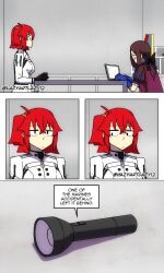  2girls book brown_hair cabinet cape chair computer english_commentary fate/grand_order fate_(series) flashlight fujimaru_ritsuka_(female) fujimaru_ritsuka_(female)_(decisive_battle_chaldea_uniform) highres laptop lazyartlazy12 leonardo_da_vinci_(fate) leonardo_da_vinci_(rider)_(fate) long_hair multiple_girls paper red_eyes red_hair short_hair sitting table 