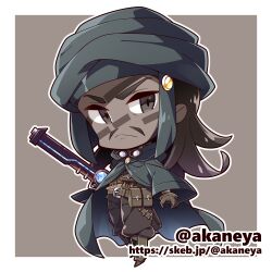  1boy akaneya black_eyes black_pants blue_hat border brown_gloves brown_hair brown_shoes cape character_request chibi chibi_only closed_mouth commentary_request commission copyright_request dark-skinned_male dark_skin full_body gloves green_cape grey_background gun hat long_hair long_sleeves looking_at_viewer lowres male_focus outline outside_border pants shoes skeb_commission solo standing twitter_username weapon web_address white_border white_outline wide_sleeves 