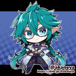  1boy akaneya blue_background blue_coat blue_eyes blue_gloves blue_pants character_request checkered_background chibi chibi_only closed_mouth coat commentary_request commission copyright_request double-parted_bangs full_body glasses gloves green_hair hair_between_eyes letterboxed long_hair long_sleeves looking_at_viewer low_twintails lowres male_focus outline outside_border pants pointy_ears shoes skeb_commission smile solo standing twintails twitter_username web_address white_outline 