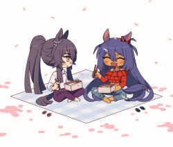  2girls animal_ears bandaid bandaid_on_face bandaid_on_nose bare_shoulders bento black_hair blush breasts chibi chopsticks closed_eyes closed_mouth dark-skinned_female dark_skin denim ear_ribbon ear_scrunchie fang food hair_between_eyes hair_ornament hairclip highres hishi_amazon_(casual)_(umamusume) hishi_amazon_(umamusume) holding holding_bento holding_chopsticks horse_ears horse_girl horse_tail hwipa_(param_blue) jeans long_hair long_sleeves midriff multiple_girls narita_brian_(casual)_(umamusume) narita_brian_(umamusume) off-shoulder_shirt off_shoulder open_mouth pants petals picnic_blanket ponytail purple_pants red_shirt rice shirt shoes sitting smile sweater tail torn_clothes torn_jeans torn_pants umamusume unworn_shoes very_long_hair white_sweater yellow_eyes 