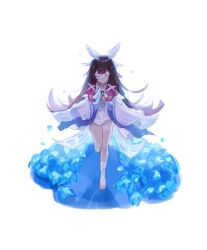  1girl bare_legs bare_shoulders barefoot black_hair blue_flower closed_eyes closed_mouth columbina_(genshin_impact) commentary dress eye_mask flower full_body genshin_impact hair_ornament head_wings long_hair mask multicolored_hair multiple_wings purple_hair purple_streaks ribbon smile solo streaked_hair two-tone_hair upapa_07 very_long_hair white_dress white_wings wing_hair_ornament wings x-shaped_eyewear 