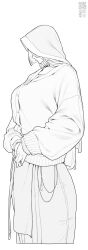  1girl barcode breasts buttons cardigan closed_mouth detached_hood from_side greyscale highres hood hood_up kgm long_hair long_sleeves monochrome original own_hands_together qr_code signature simple_background solo standing white_background 
