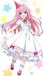  1girl :d ahoge arms_at_sides blush bobby_socks bow bowtie commentary_request dot_nose double-parted_bangs dress dress_bow frilled_dress frills full_body hair_between_eyes hat highres kotatsu-mazoku long_hair looking_at_viewer mary_janes open_mouth original party_hat pink_bow pink_bowtie pink_hair pink_hat pink_shoes print_headwear red_eyes shoes short_sleeves sidelocks simple_background smile socks solo standing star_(symbol) star_print white_background white_dress white_socks 