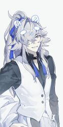  1boy :d black_choker black_shirt blue_ribbon chinese_commentary choker coat commentary commentary_request hair_over_one_eye hair_ribbon high_ponytail highres honkai:_star_rail honkai_(series) jing_yuan jing_yuan_(chapanda) linyeyeye04 long_hair long_sleeves looking_at_viewer male_focus mole mole_under_eye official_alternate_costume ponytail ribbon shirt smile solo tassel untranslatable_commentary vest white_background white_hair white_vest yellow_eyes 