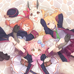  4girls album_cover armor arms_up belt_buckle black_choker black_jacket blonde_hair blue_bow blush bow bowtie bracelet braid brown_eyes buckle chieru_(princess_connect!) chloe_(princess_connect!) choker closed_eyes closed_mouth collared_shirt cover crown_braid cygames drooling friendship_club_(princess_connect!) frown furry furry_female green_necktie grey_shirt hair_between_eyes hair_bow hair_ornament highres jacket jewelry lima_(princess_connect!) llama_girl long_hair long_sleeves looking_at_viewer low_ponytail lying multiple_girls necktie official_art on_back on_side one_eye_closed open_clothes open_jacket open_mouth orange_hair outstretched_arms pink_armor pink_bow pink_bowtie pink_hair ponytail princess_connect! saliva school_uniform shirt short_hair short_sleeves sleeping sleeves_past_wrists smile st._theresa's_girls_academy_school_uniform star_(symbol) star_hair_ornament violet_eyes wing_collar yuni_(princess_connect!) 