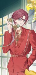  1boy absurdres alternate_costume belt commentary corded_phone cowboy_shot glasses green_eyes hand_in_pocket highres hisashi_kobawa holding holding_phone jacket jewelry key key_necklace lapels lauren_iroas long_sleeves looking_to_the_side necklace nijisanji pants parted_bangs parted_lips phone red-framed_eyewear red_belt red_hair red_jacket red_pants smile virtual_youtuber window yellow_leaves 
