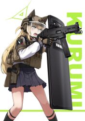  1girl animal_ears black_socks blonde_hair blue_archive blue_eyes blue_halo bulletproof_vest cat_ears character_name chest_rig commentary_request from_side gun halo handgun helmet highres holding holding_weapon kurumi_(blue_archive) long_hair open_mouth sailor_collar sekino_takehiro shield simple_background skirt socks solo submachine_gun weapon weapon_request white_background 