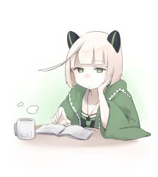 1girl absurdres abyssal_bamboo_princess abyssal_ship blunt_bangs book closed_mouth colored_skin cup elbow_rest gradient_background green_eyes headgear highres kantai_collection ma_rukan mug pale_skin sailor_collar school_uniform serafuku short_hair simple_background solo steam upper_body white_hair white_skin 