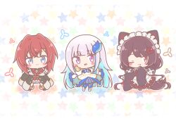  3girls :d ;) absurdres ange_katrina ange_katrina_(1st_costume) animal animal_ears animal_on_shoulder apron armband bird black_hair black_jacket black_kimono blue_eyes blue_hair blue_skirt blue_thighhighs blush_stickers boots brown_hakama chibi closed_mouth collared_dress colored_shadow commentary_request dog_ears dog_girl dog_hair_ornament dog_tail dress duck fang fangs flower frilled_apron frilled_sleeves frills grey_hair hair_flower hair_ornament hairclip hakama hakama_skirt highres inui_toko inui_toko_(1st_costume) jacket japanese_clothes kimono lize_helesta lize_helesta_(1st_costume) long_sleeves low_twintails maid maid_headdress mitarashi_neko multicolored_hair multiple_girls nijisanji one_eye_closed pleated_skirt red_eyes red_flower red_hair red_jacket safety_pin sanbaka_(nijisanji) sebastian_piyodore shadow skirt sleeves_past_fingers sleeves_past_wrists smile star_(symbol) tail thigh-highs thighhighs_under_boots twintails two-tone_hair violet_eyes virtual_youtuber wa_maid white_apron white_background white_boots white_dress 