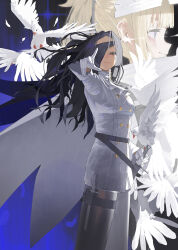  2girls absurdres ascot bird black_hair blonde_hair blue_eyes closed_mouth commentary cowboy_shot eyepatch gloves grey_eyes half-closed_eyes hand_up highres holding holding_sword holding_weapon jacket jin_yu0810 knife_sheath long_hair looking_ahead looking_at_viewer mole mole_under_mouth multiple_girls original profile scabbard sheath sidelocks sword weapon white_ascot white_bird white_gloves white_jacket 