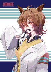 1girl agnes_tachyon_(umamusume) ahoge animal_ears birthday black_shirt breasts brown_hair coat commentary_request hair_between_eyes happy_birthday highres horse_ears horse_girl lab_coat long_hair_between_eyes looking_at_viewer medium_hair naenaejkr open_clothes open_coat shirt solo sweater test_tube_holster umamusume upper_body white_coat yellow_sweater 