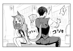  1boy 1girl back-to-back back_bow blush book bow bowtie commentary_request covered_mouth dress_shirt ear_covers holding holding_book horse_girl indoors kakuteru_sudachi king_halo_(umamusume) library long_sleeves medium_hair miniskirt motion_lines pants partial_commentary pleated_skirt puffy_short_sleeves puffy_sleeves school_uniform serafuku shirt short_hair short_sleeves sitting skirt summer_uniform thigh-highs tracen_school_uniform trainer_(umamusume) umamusume vest 