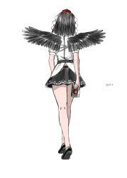  1girl bird_wings black_hair black_shoes black_wings camera commentary facing_away feathered_wings from_behind full_body hat highres holding holding_camera medium_hair miniskirt pom_pom_(clothes) puffy_short_sleeves puffy_sleeves red_hat shameimaru_aya shirt shoes short_sleeves simple_background skirt solo sycolitaxel tokin_hat touhou white_background white_shirt wings 