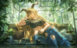  1girl arknights artist_name belly black_shirt blonde_hair book bubble couch cup degenbrecher_(arknights) denim goat_horns greenhouse helen_zzhao highres holding holding_book horns jeans leaning_on_object long_hair looking_at_viewer muscular muscular_female pants plant shirt solo very_long_hair 