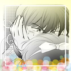  1boy 1girl bow commentary_request gakogako4452 hair_bow hairband hand_on_another's_cheek hand_on_another's_face hetero highres kiss partially_colored portrait ranma_1/2 saotome_ranma short_hair sweat tendou_akane v-shaped_eyebrows watermark 