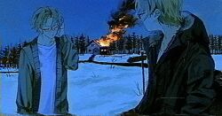  2boys america_(hetalia) axis_powers_hetalia black-framed_eyewear black_jacket blonde_hair blue_sky blue_theme brothers burning burning_building buttons canada_(hetalia) cardigan closed_eyes closed_mouth collarbone commentary_request evening fire forest fur-trimmed_hood fur_trim garage glasses glitch grey_sweater hand_on_own_head hand_up hood hooded_jacket house jacket long_sleeves male_focus multiple_boys nature open_cardigan open_clothes open_jacket outdoors pine_tree pocket puffy_long_sleeves puffy_sleeves road semi-rimless_eyewear shirt short_hair siblings sign sky snow solell10 standing sweater t-shirt tree vhs_artifacts white_shirt winter 