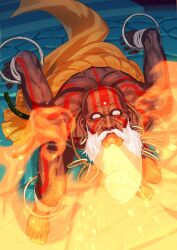  1boy bald barefoot beard commentary dark-skinned_male dark_skin dhalsim earrings facial_hair feet highres hoop_earrings jewelry solo street_fighter yagi2013 yoga_fire 