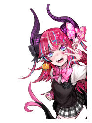  1girl black_vest blue_eyes blush bow bowtie breasts curled_horns discat dragon_girl dragon_horns elizabeth_bathory_(fate) fate_(series) grey_skirt highres horns long_hair long_sleeves looking_at_viewer open_mouth pink_hair pointy_ears shirt skirt small_breasts solo two_side_up vest white_shirt 