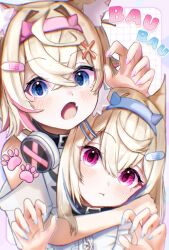  2girls animal_ear_fluff animal_ears bandaid bandaid_hair_ornament black_collar blonde_hair blue_hairband blue_nails blue_streaks blush chain claw_pose collar commentary dog_ears dog_girl english_text fake_horns fang fingernails fuwawa_abyssgard fuwawa_abyssgard_(1st_costume) hair_between_eyes hair_ornament hairband headphones headphones_around_neck highres hololive hololive_english horn_hairband horns long_hair looking_at_viewer mococo_abyssgard mococo_abyssgard_(1st_costume) multicolored_hair multiple_girls nanone_illust paw_print pink_hairband pink_nails pink_streaks shirt short_hair siblings sisters skin_fang streaked_hair twins virtual_youtuber white_shirt x_hair_ornament 