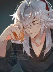  1boy black_shirt bunn_(comic_bunn) closed_eyes coat commentary cup drinking_glass english_commentary hair_over_one_eye hair_ribbon high_ponytail highres holding holding_cup honkai:_star_rail honkai_(series) jing_yuan jing_yuan_(chapanda) long_hair long_sleeves male_focus mole mole_under_eye ponytail red_ribbon ribbon shirt solo v-neck vest white_hair white_vest wine_glass 